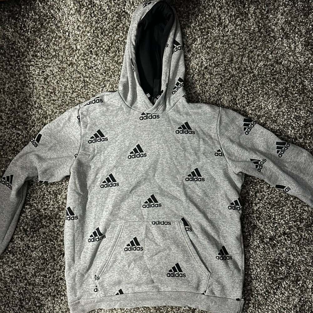 Adidas Badge of Sport Allover Print Hoodie Size L Grey Black